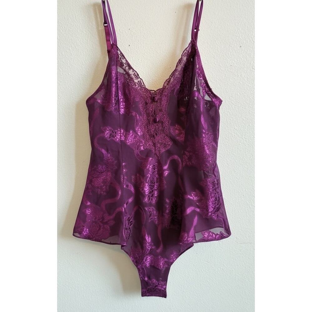 VTG Victoria’s Secret Gold Label Purple Sheer Floral Burnout Teddy Bodysuit S - Picture 10 of 16